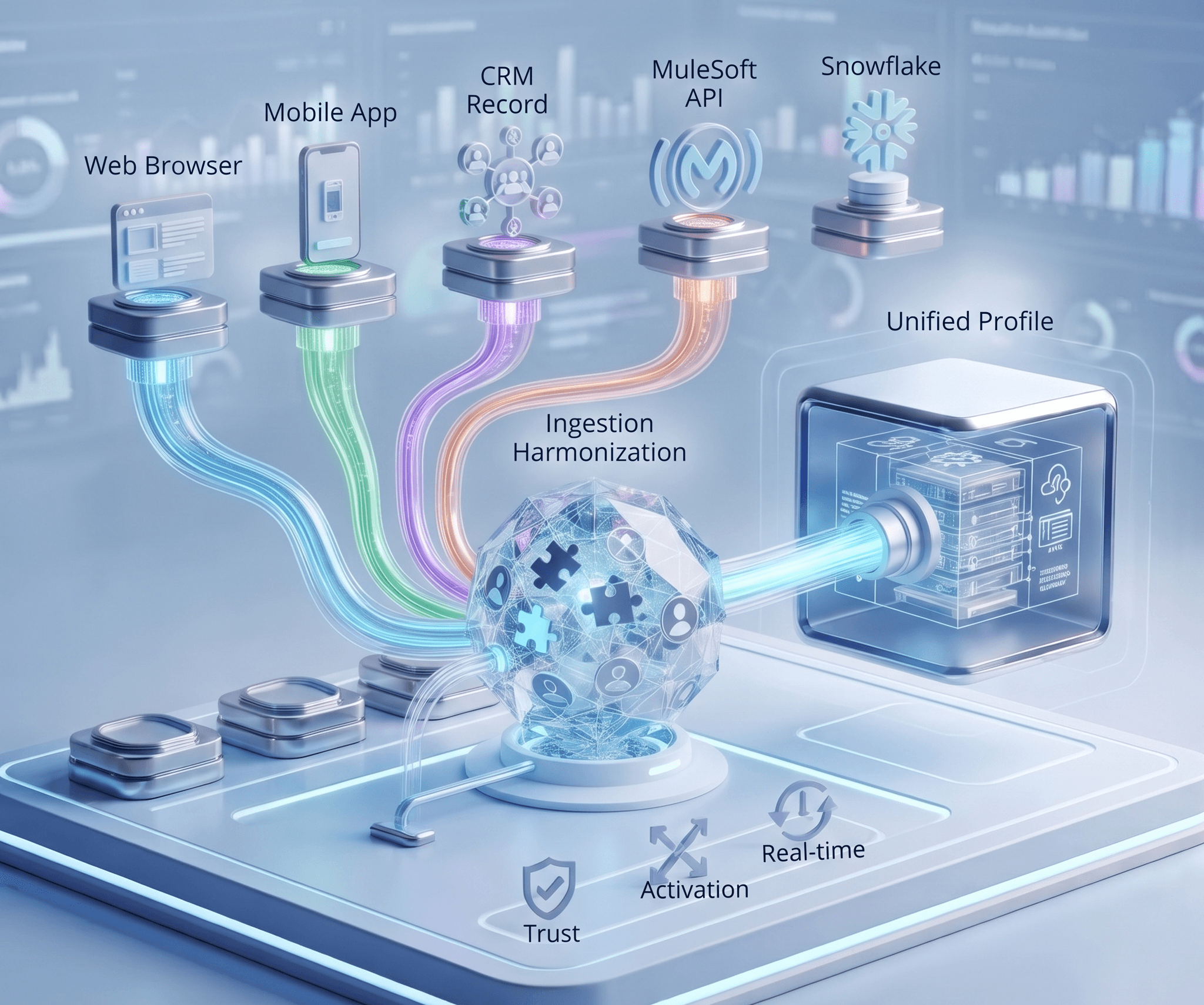 Diagram showing various enterprise data sources feeding into Salesforce Data Cloud to create a Unified Customer Profile 360.