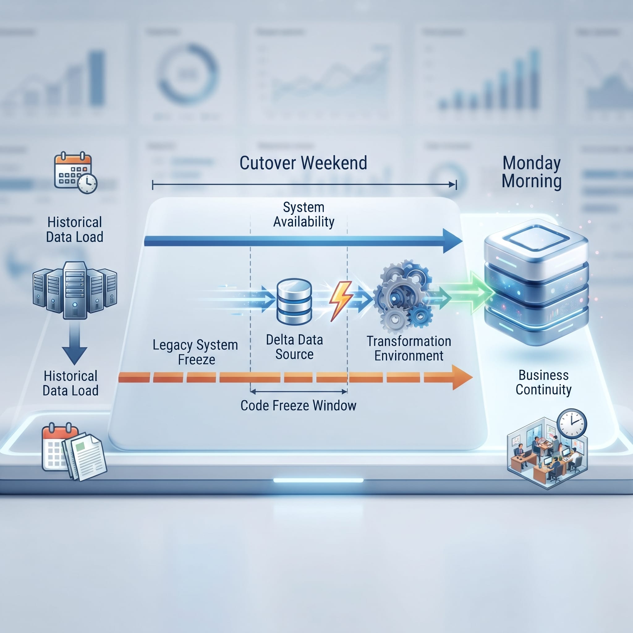 An enterprise cutover timeline illustrating how initial bulk loads and delta migrations enable zero business downtime during a Salesforce go-live.