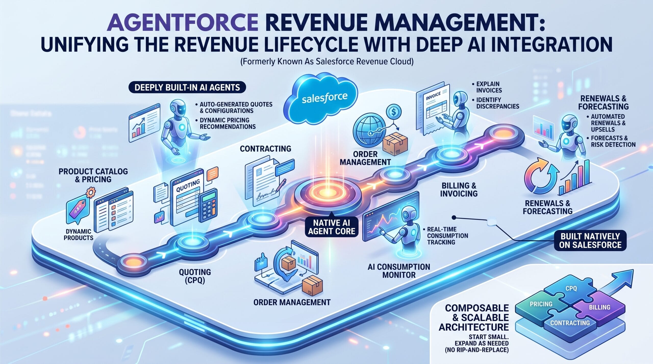 The workflow of Agentforce Revenue Management, formerly known as Salesforce Revenue Cloud