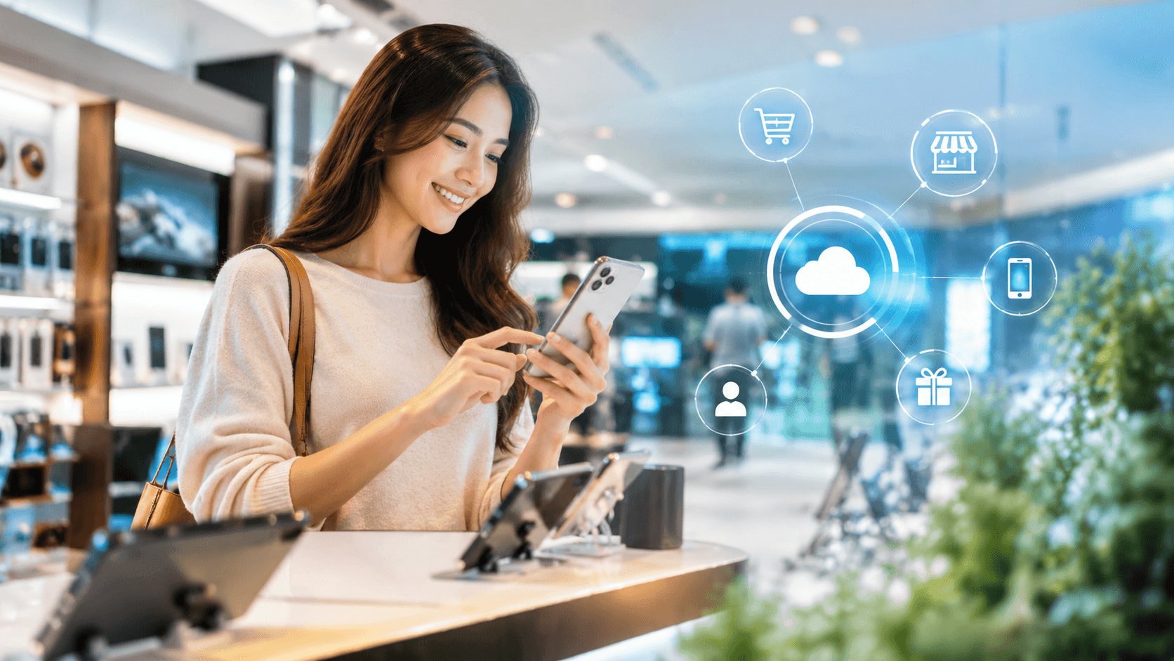Customer using a smartphone in a modern electronics retail store, representing connected retail experiences